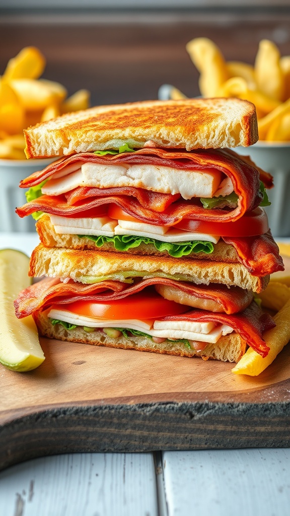A towering club sandwich with turkey, bacon, lettuce, and tomato on toasted bread, served with chips.